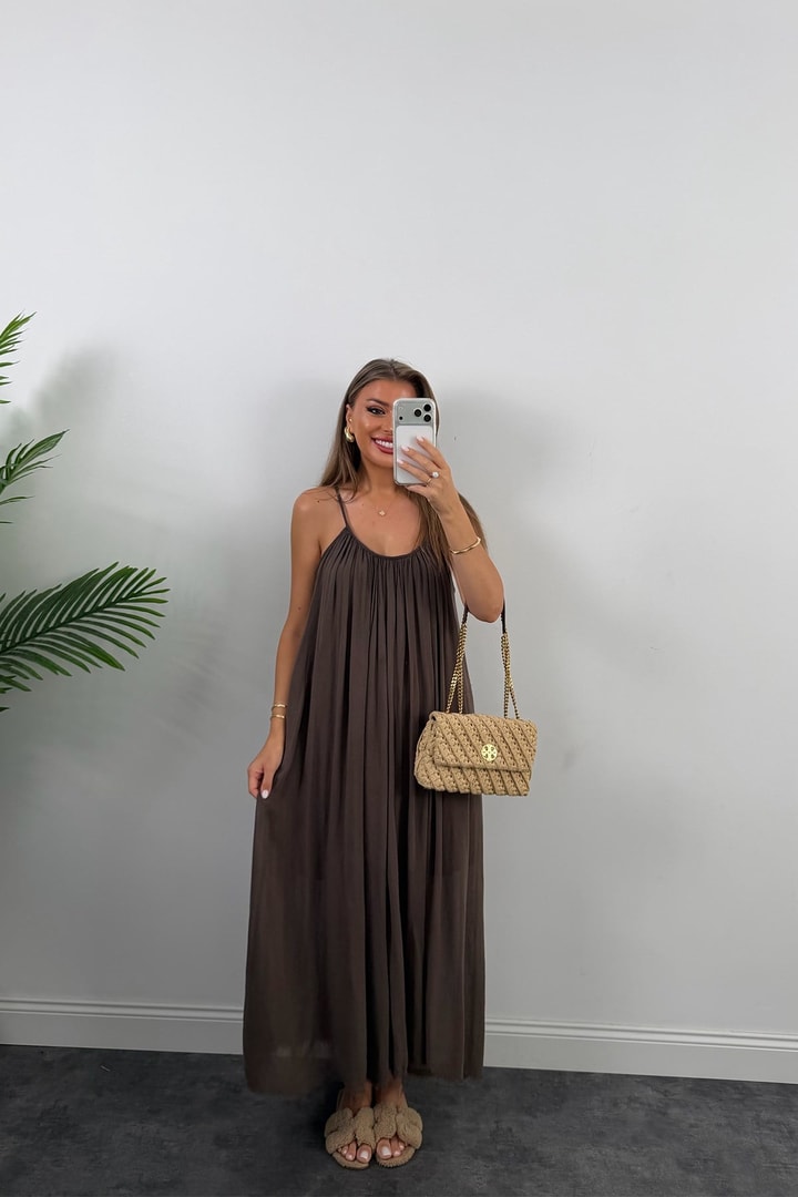 Premium Seri %100 Pamuk Maxi Salaş Elbise Kahverengi  