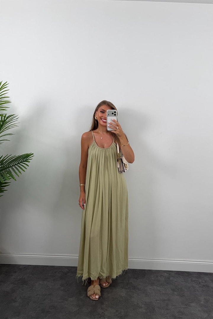 Premium Seri %100 Pamuk Maxi Salaş Elbise Haki