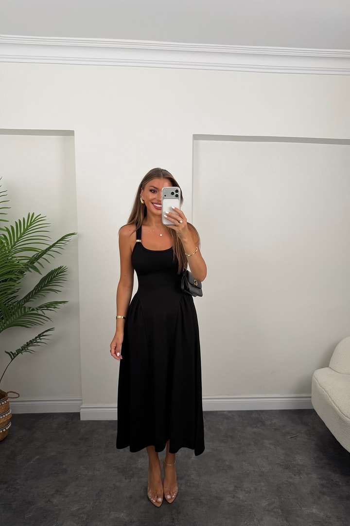 Premium Seri Askısı Gold Detaylı Midi Boy Çelik Elbise Siyah