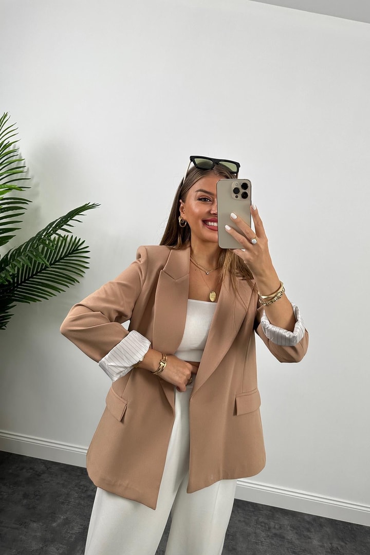Premium Seri Astarlı Çizgili Blazer Ceket Camel