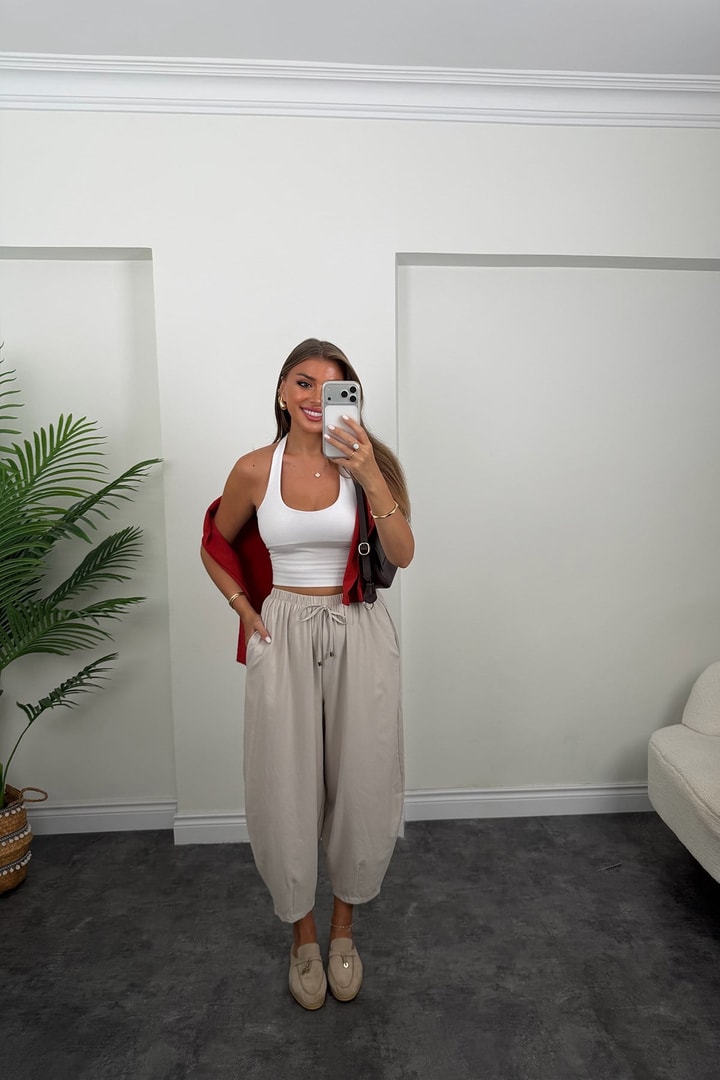 Premium Seri Beli İpli Tensel Baggy Pantolon Taş