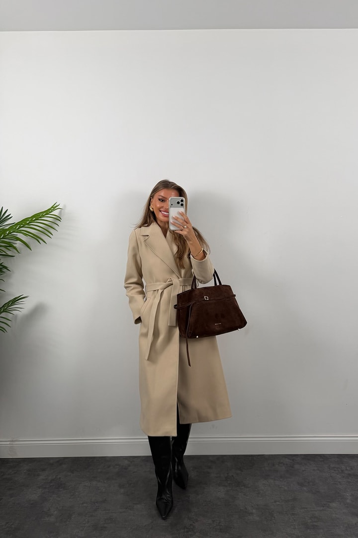 Premium Seri Beli Kuşaklı Basic Maxi Kaşe Kaban Taş  