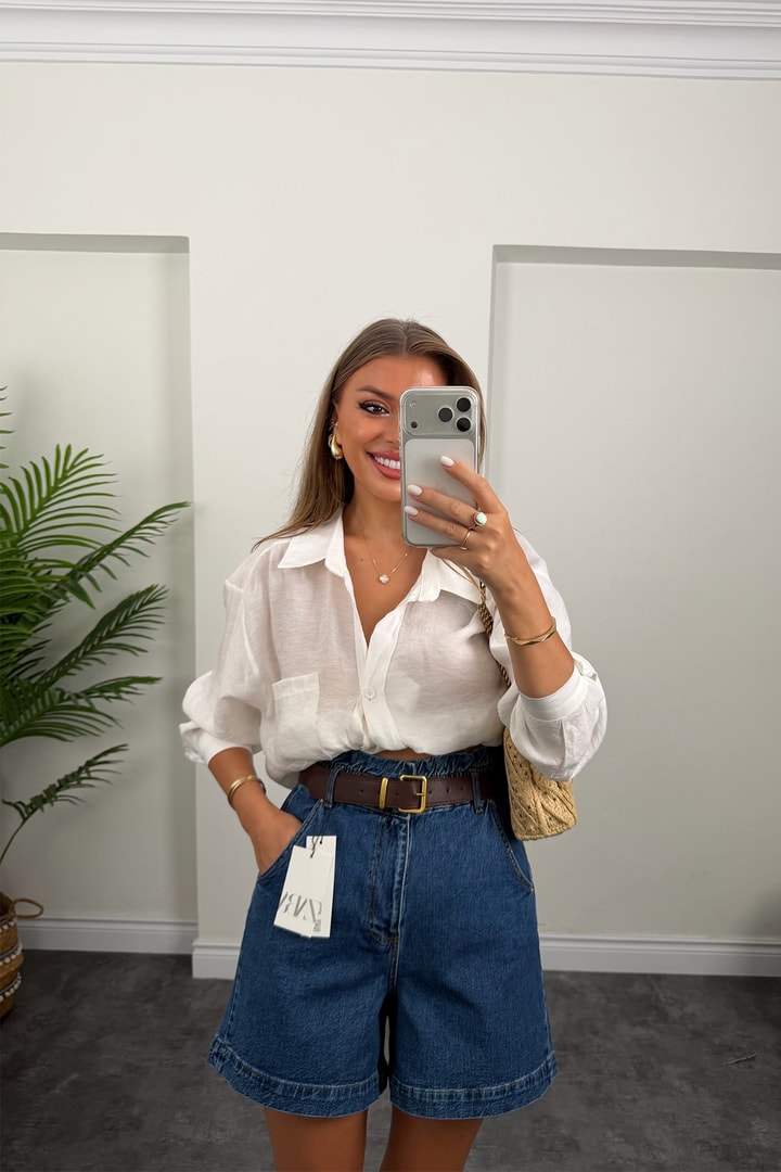Premium Seri Beli Lastikli Şehir Boy Jean Şort Koyu Mavi