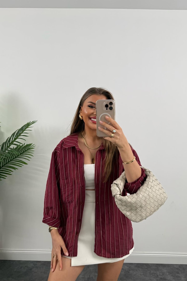 Premium Seri Çizgili Tensel Salaş Gömlek Bordo