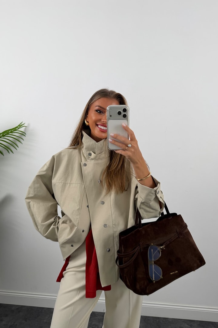 Premium Seri Dik Yaka Çıtçıtlı Tensel Trençkot Taş