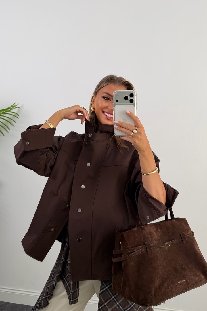 Premium Seri Dik Yaka Çıtçıtlı Tensel Trençkot Acı Kahve