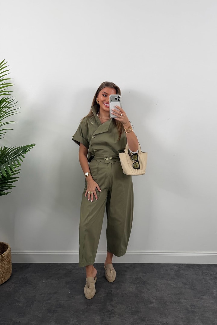 Premium Seri Dik Yaka Yelek Pantolon Harem Takım Haki
