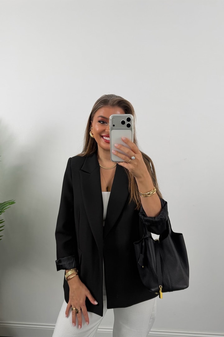 Premium Seri Double Kumaş Çizgili Tona Tona Astar Blazer Siyah