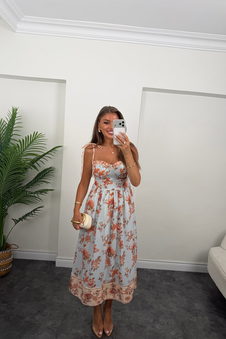 Premium Seri Floral Desenli Midi Boy Tasarım Keten Elbise