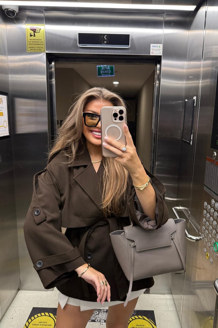 Premium Seri Lüx Double Kumaş Orta Boy Trençkot Acı Kahve