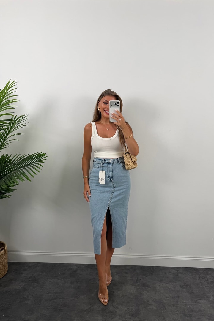 Premium Seri Midi Boy Jean Kalem Etek Açık Mavi