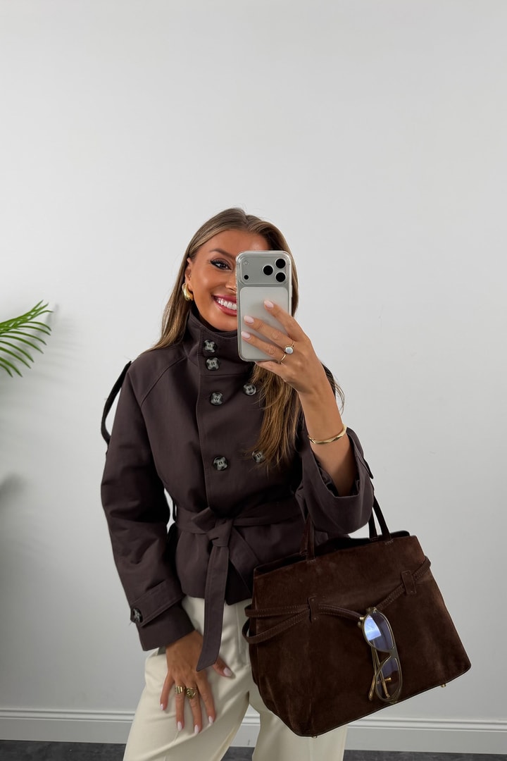 Premium Seri Özel Kumaş Dik Yaka Trençkot Kahve