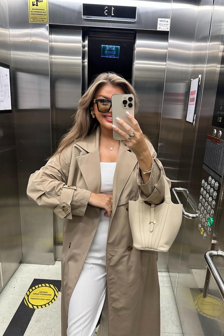 Premium Seri Özel Kumaş Kolu Kemerli Maxi Boy Trençkot