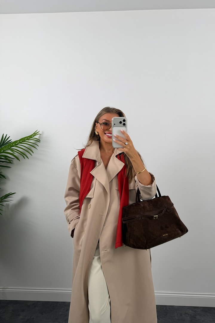 Premium Seri Özel Kumaş Maxi Klasik Trençkot Taş 