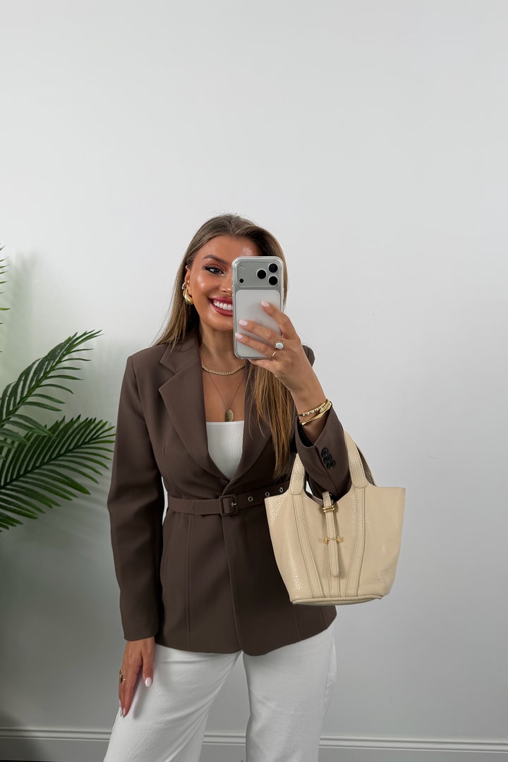Premium Seri Pensli Kemerli Oturtma Blazer Ceket Koyu Kahve