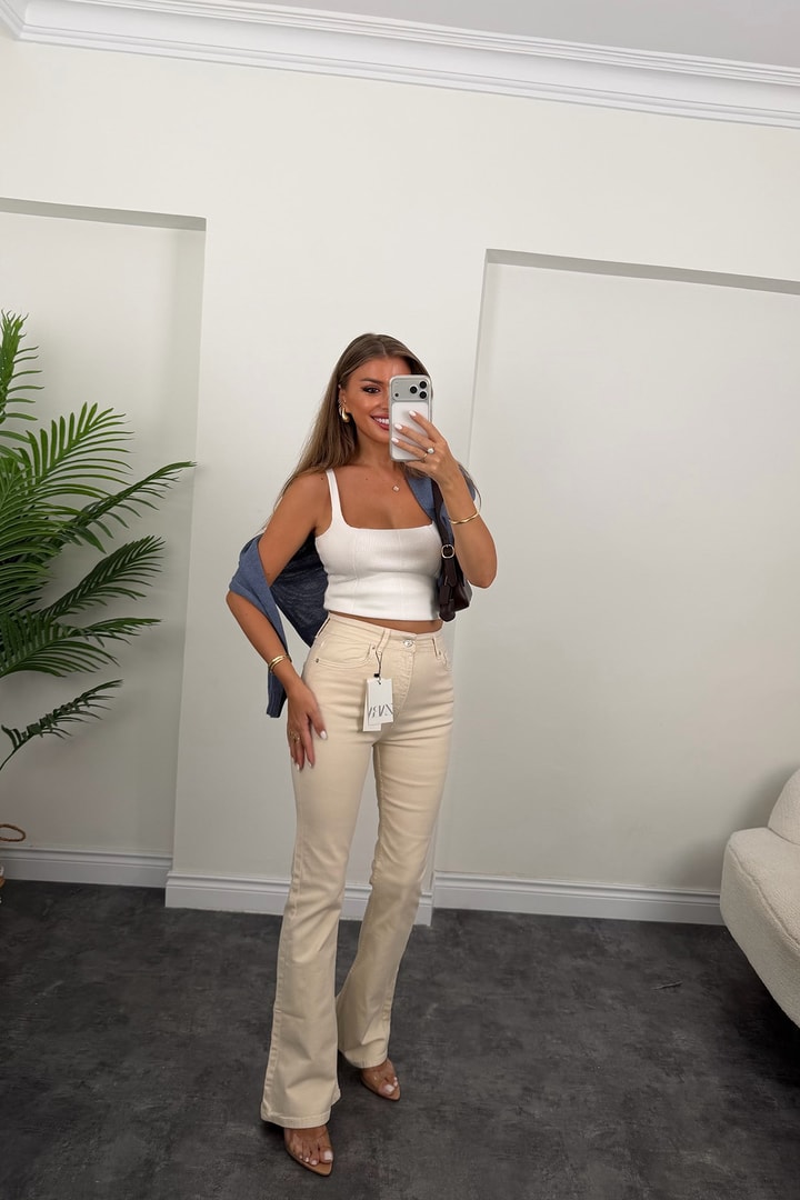 Premium Seri Tam Pamuklu İspanyol Jean Pantolon Taş