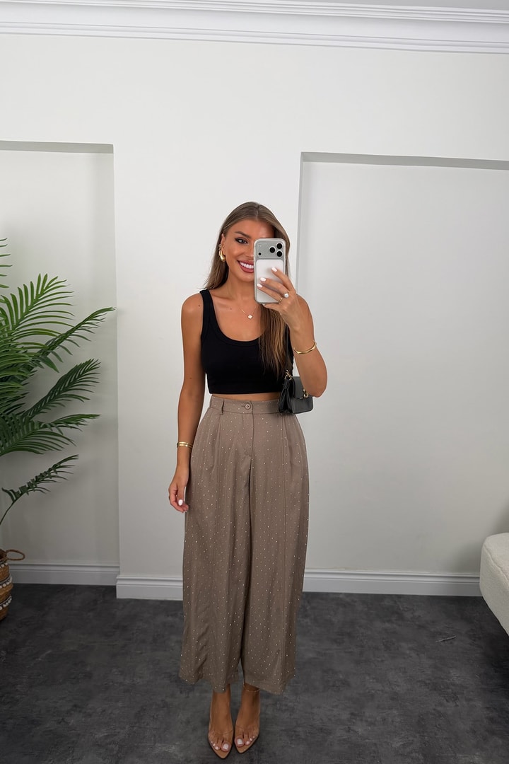 Premium Seri Taşlı Tensel Harem Pantolon Vizon