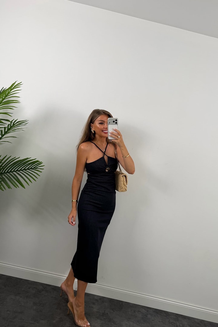 Premium Seri Yanı Pencereli Likralı Midi Jean Elbise 