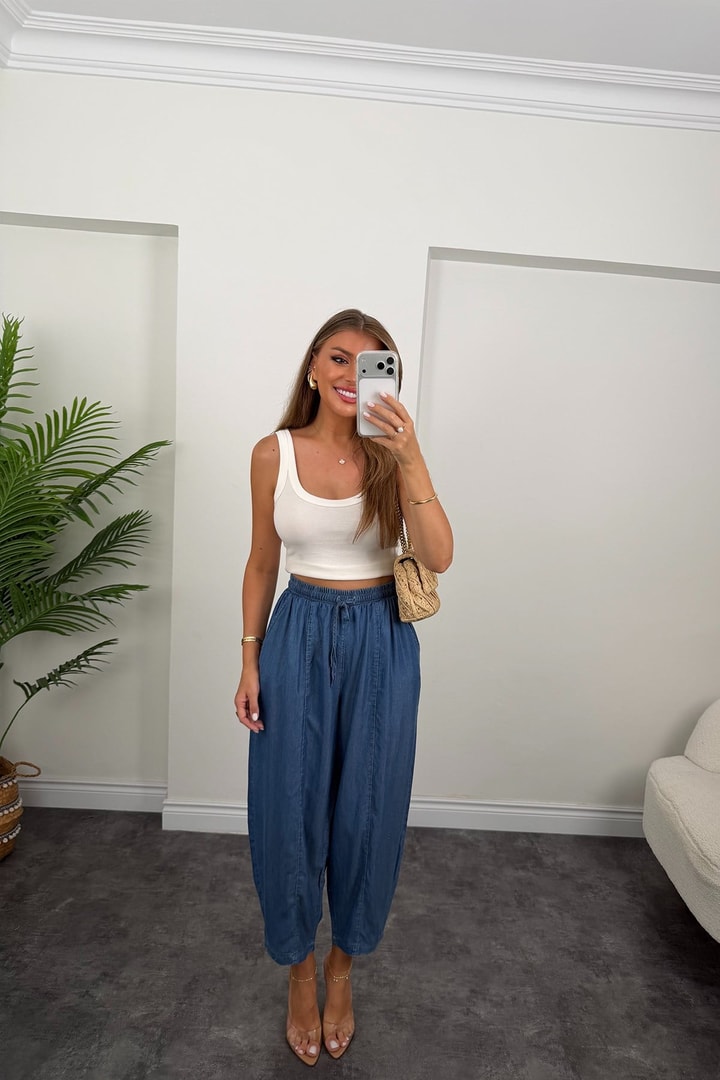 Premium Tensel Jean Harem Pantolon Koyu Mavi 