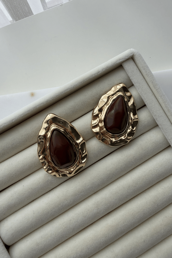 Reçine Detay Gold Damla Küpe(Kahve)