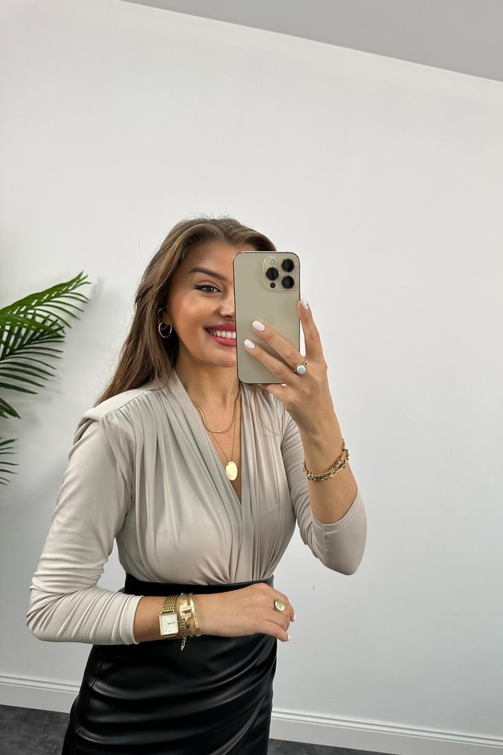 Vatkalı Likralı Bodysuit Taş