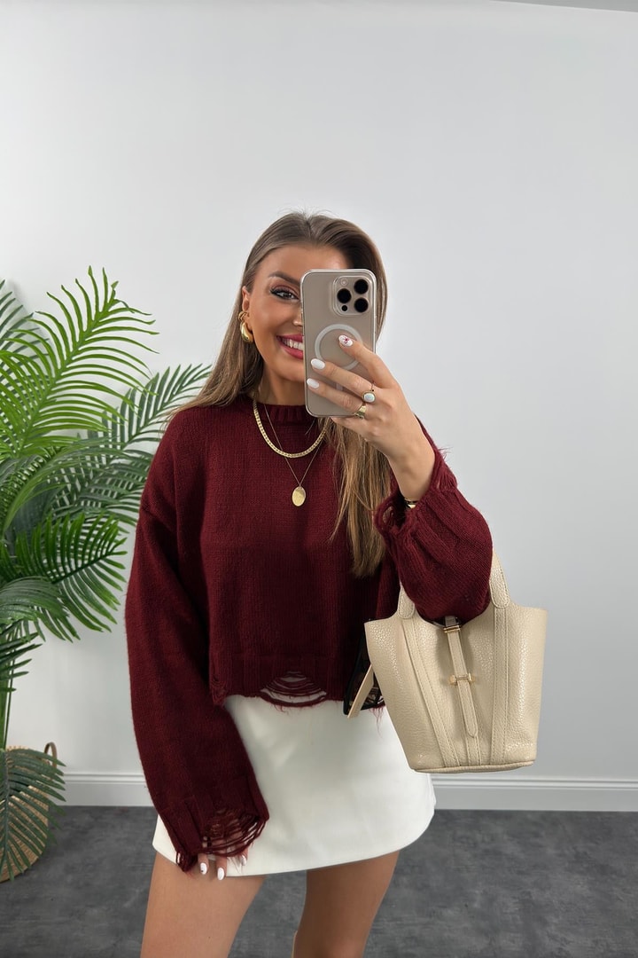 Yırtık Tasarımlı Yumoş Basic Kazak Bordo