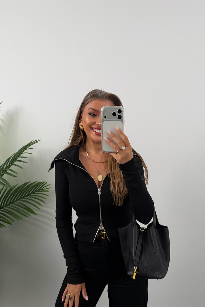 Zra Model Fermuarlı Likralı Geniş Yaka Basic Bluz Siyah