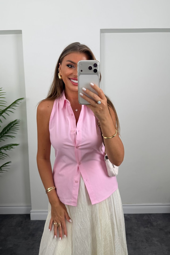 Zra Tam Pamuklu Sıfır Kol Oturtma Basic Gömlek Pembe