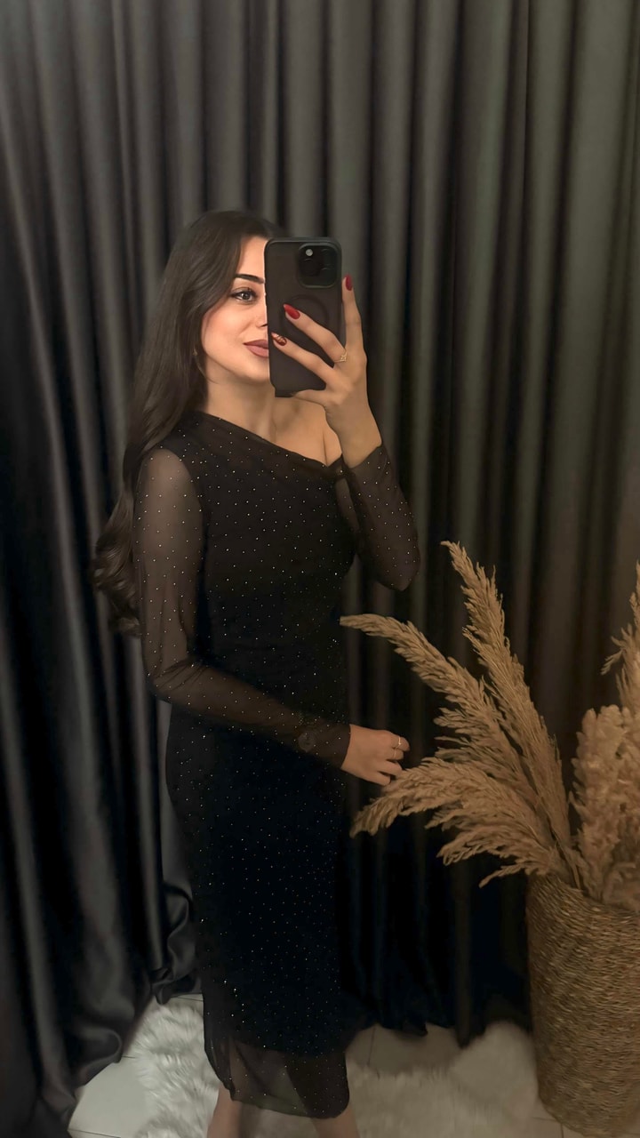 Christmas Taş Detaylı Midi Boy Siyah Elbise