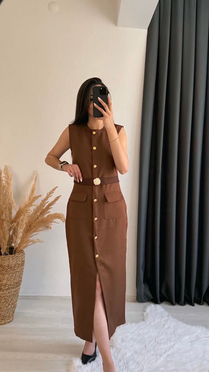 Aisa Gold Kemerli Midi Elbise Kahve