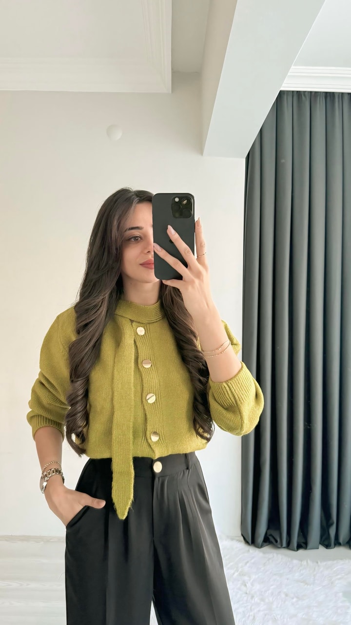 Akra Yağ Yeşili Melanj Önü Bağlamalı Hırka