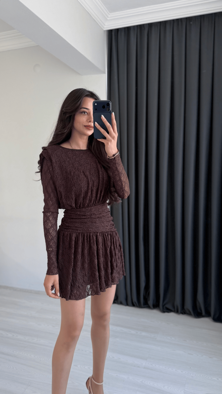 Ametis Dantelli Drapeli Kahve Mini Elbise