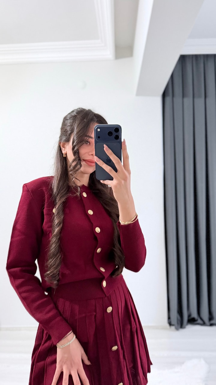 Asal Çelik Dokuma Gold Düğmeli Triko Etek Kazak Takım Bordo
