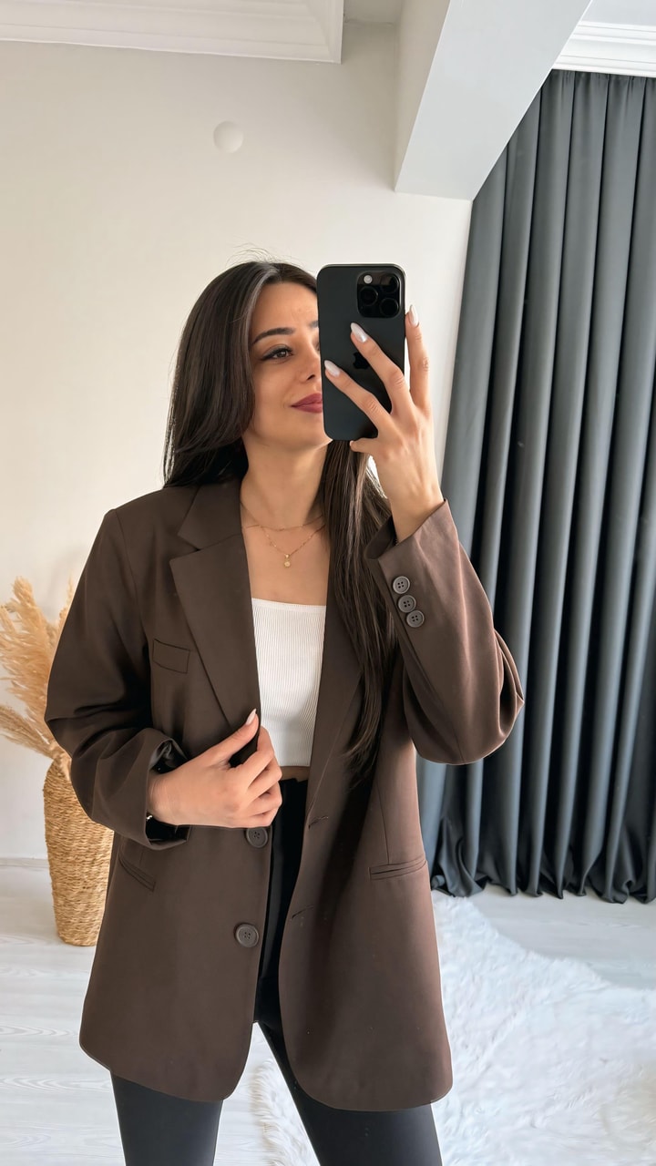 Asmara Oversize Düğmeli Ceket Kahverengi