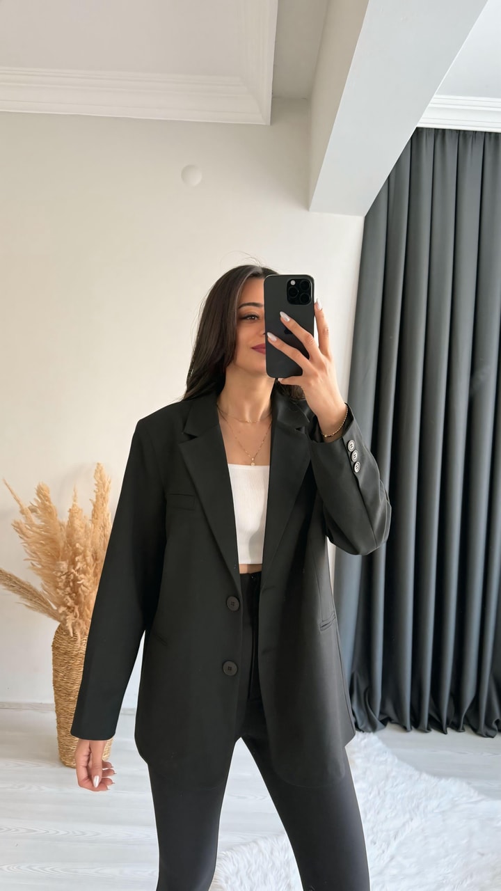 Asmara Oversize Düğmeli Ceket Siyah