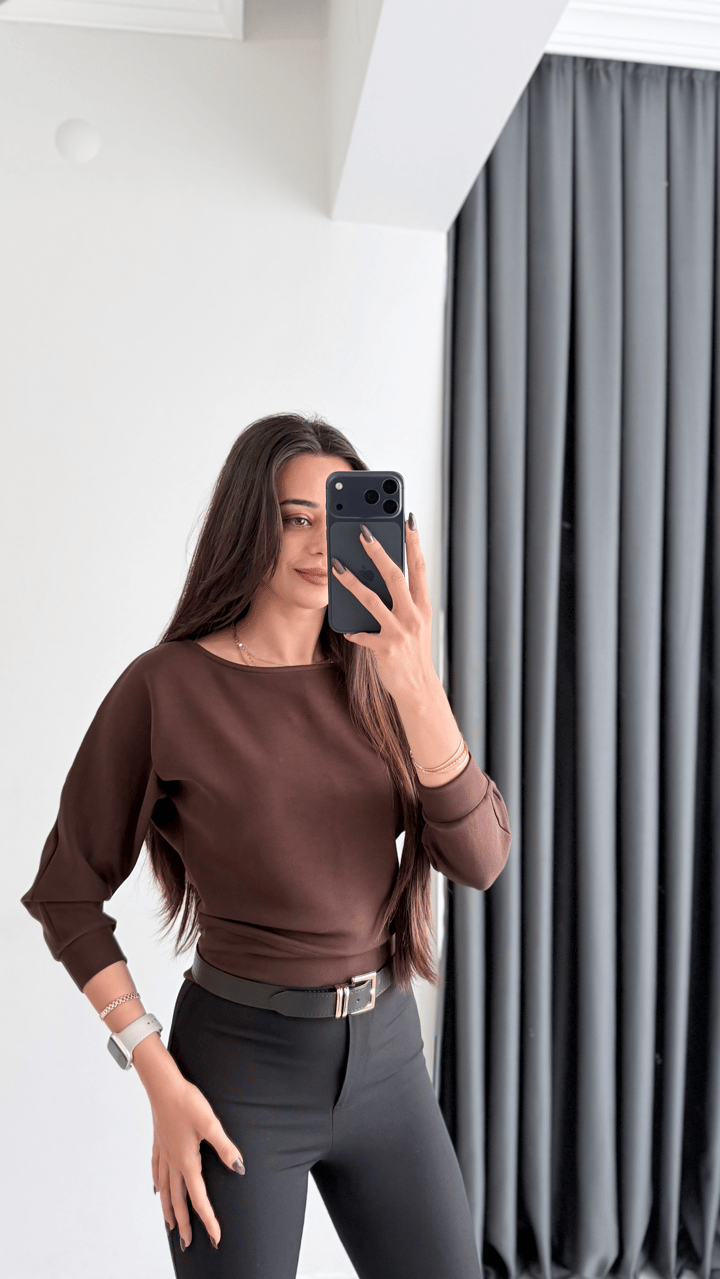 Avena Oysh Modal Kayık Yaka Likralı Bluz Kahve