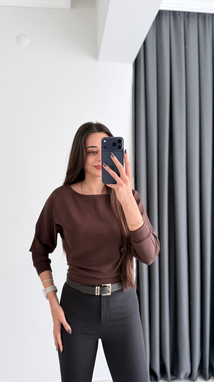 Avena Oysh Modal Kayık Yaka Likralı Bluz Kahve