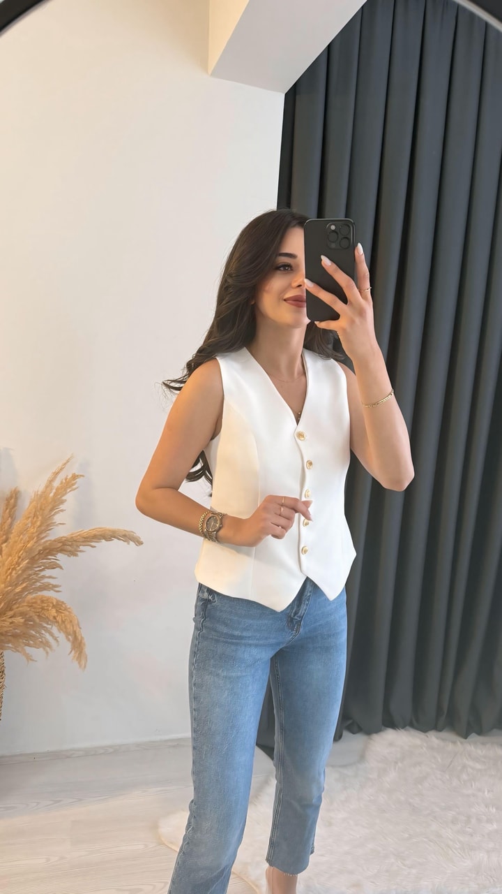 Balena Premium Seri Gold Düğmeli Yelek Beyaz
