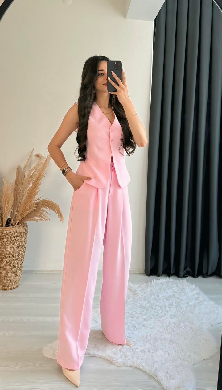 Beauty Beli Düğmeli Kumaş Pantalon Pembe