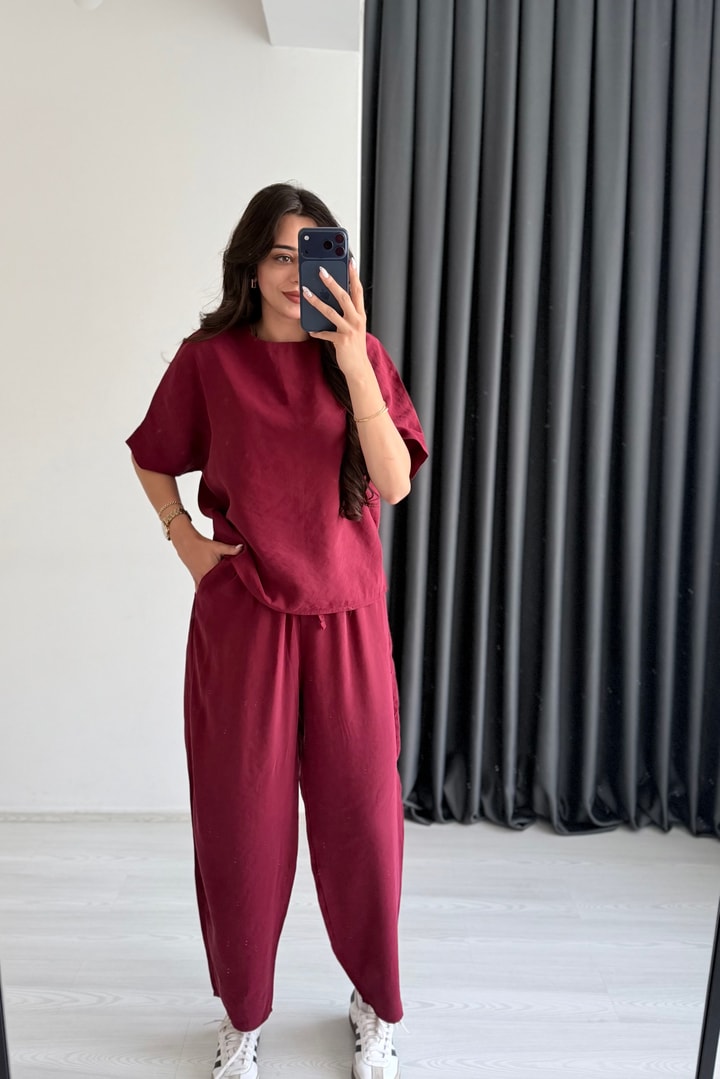 Begona Bordo Tensel Bluz Pantolon  Takım