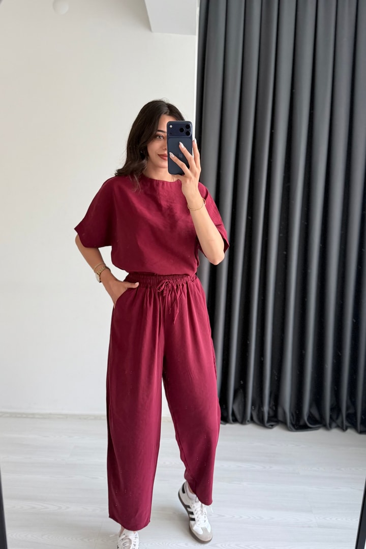 Begona Bordo Tensel Bluz Pantolon  Takım