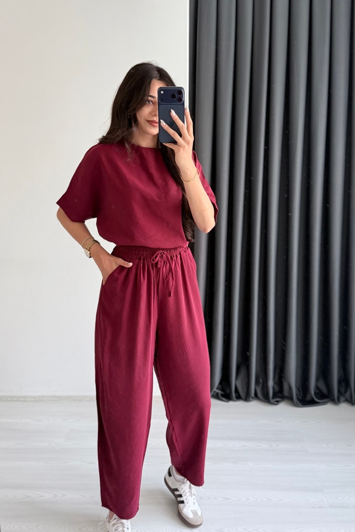 Begona Bordo Tensel Bluz Pantolon  Takım
