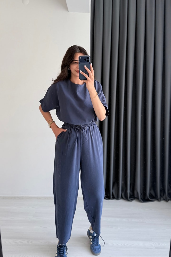 Begona Lacivert Tensel Bluz Pantolon  Takım