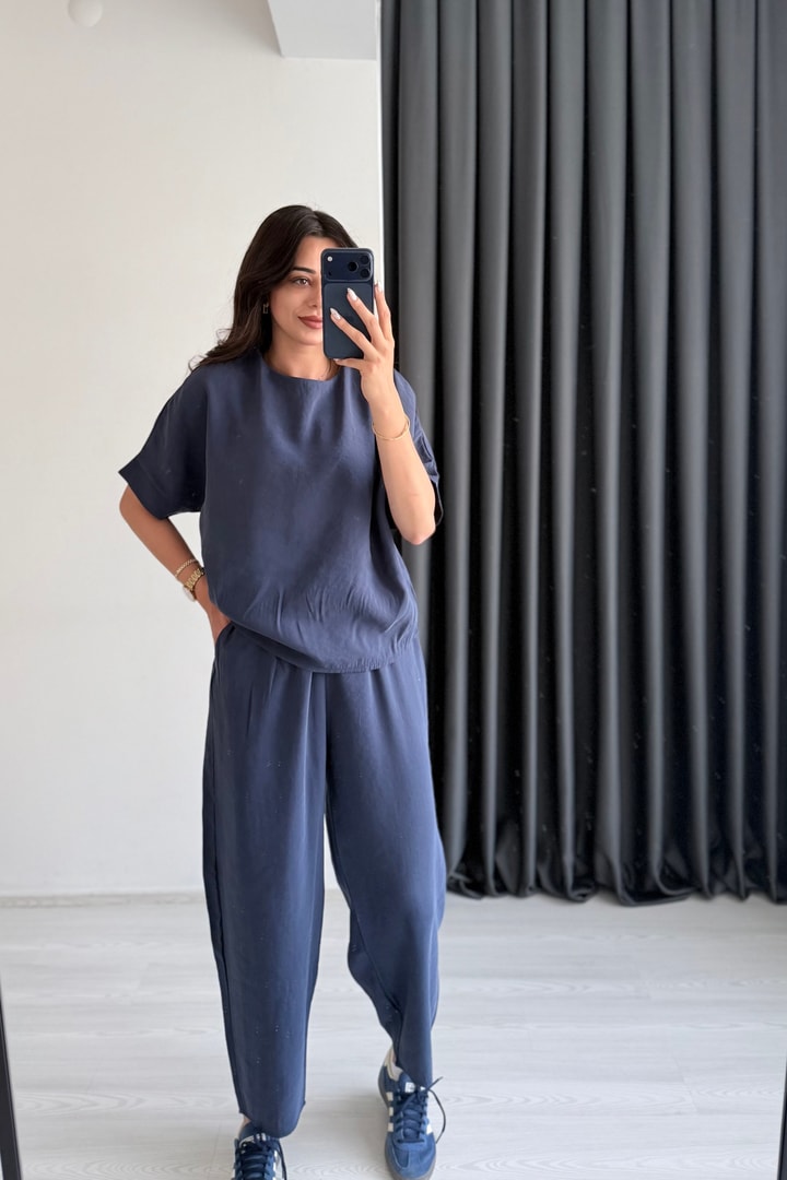 Begona Lacivert Tensel Bluz Pantolon  Takım