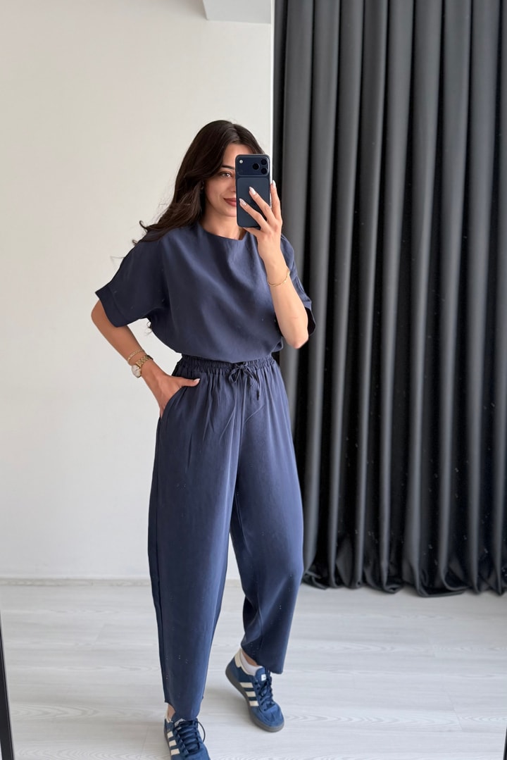 Begona Lacivert Tensel Bluz Pantolon  Takım