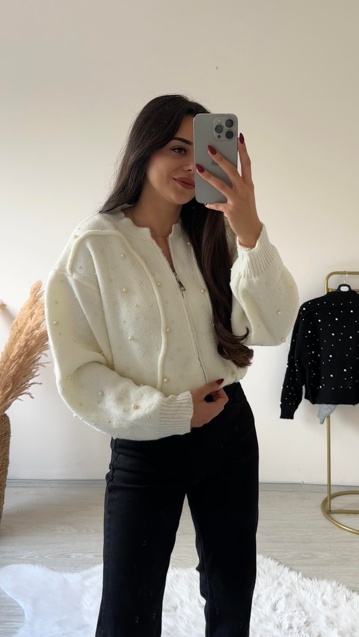 Benita Beyaz İnci Taş Detaylı Fermuarlı Hırka