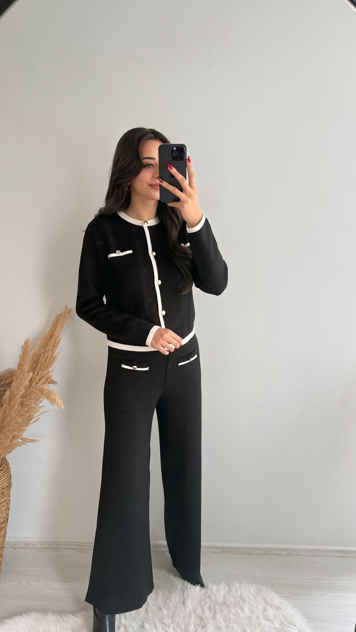 Bloom Gold Düğmeli Triko Çelik Örme Takım Siyah