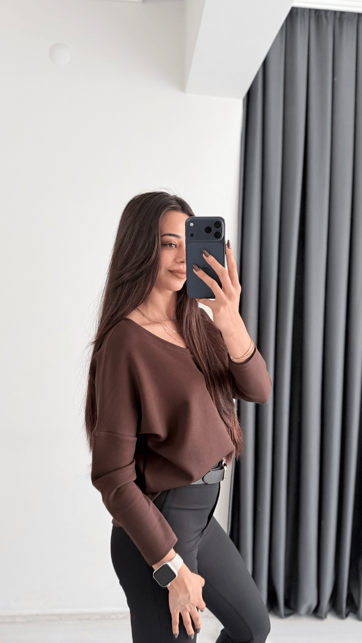 Break Oysh Modal Ön Arka V Yaka Likralı Bluz Kahve