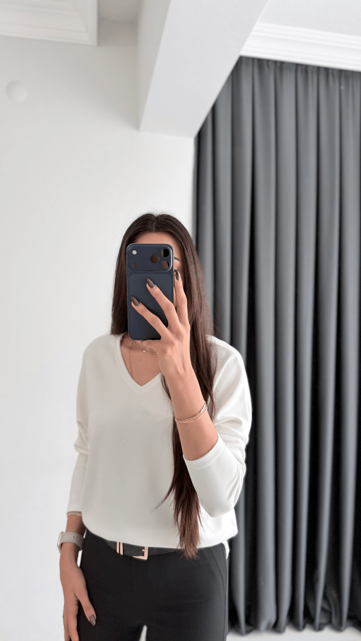 Break Oysh Modal Ön Arka V Yaka Likralı Bluz Beyaz