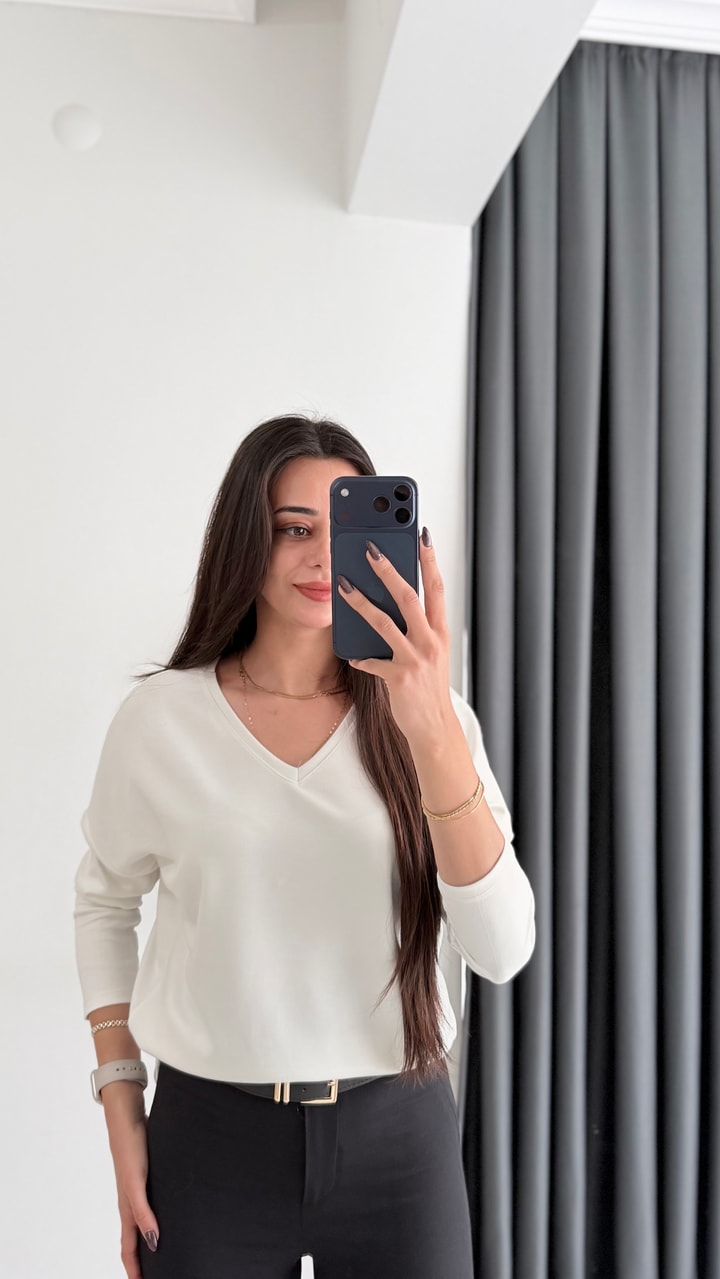 Break Oysh Modal Ön Arka V Yaka Likralı Bluz Beyaz
